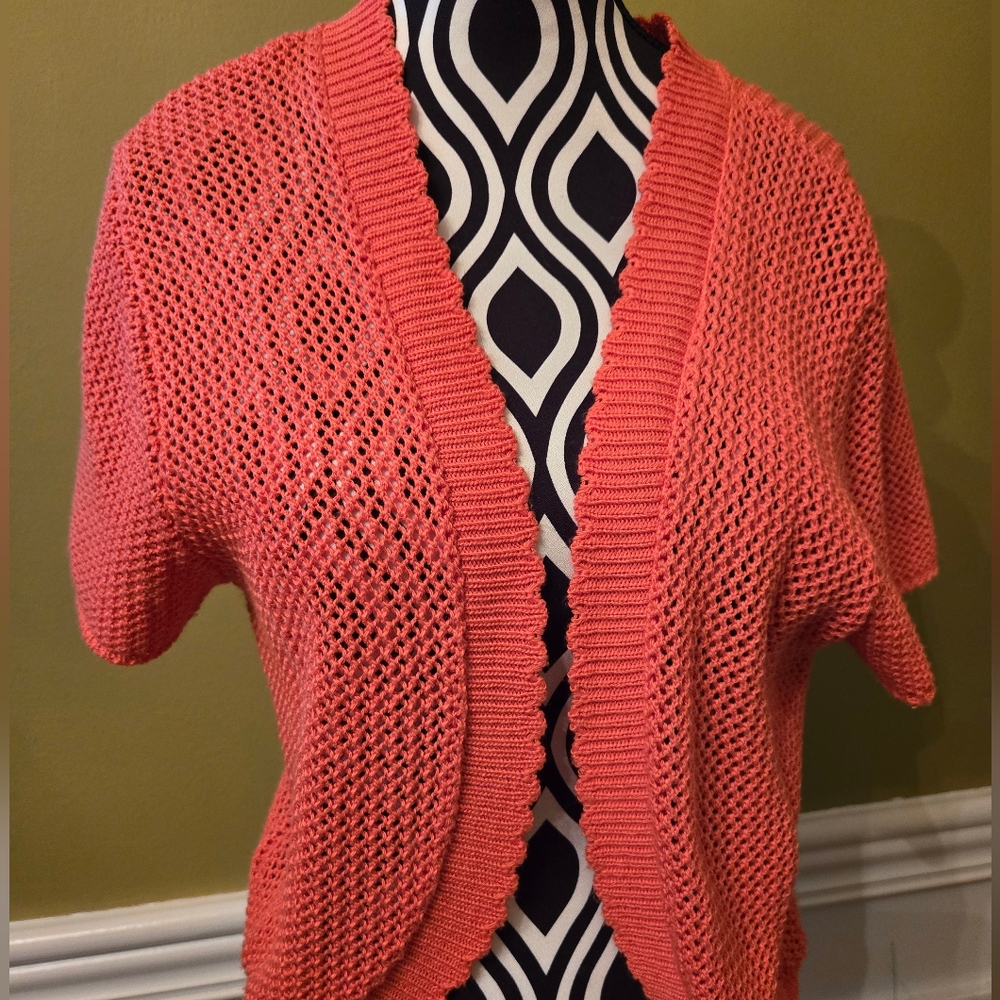 Kim Rogers Coral Open Weave Short Sleeve Cardigan Large